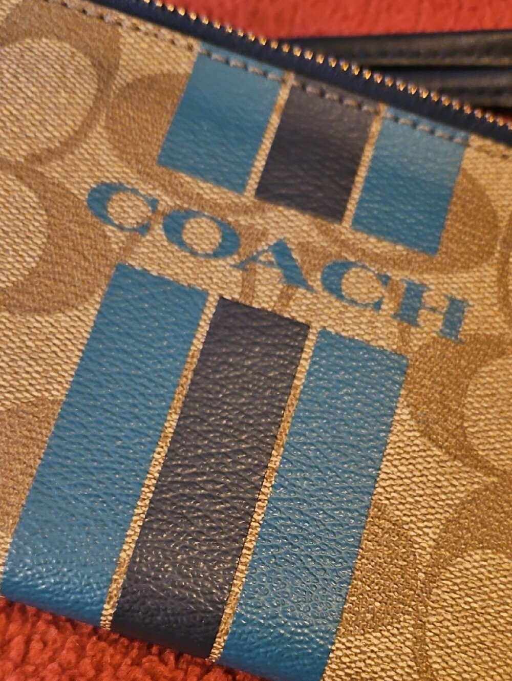 Coach Tan Signature Wristlet with Blue & Teal Green Stripes - Picture 6 of 6